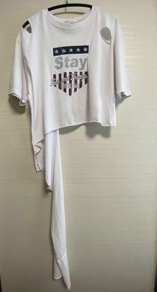 qbc ダメージトップス 半袖Tシャツ 切りっぱなし デザイントップス バックデザイン プリントTシャツ アメリカン