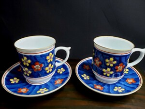 ★金彩 コーヒーカップ ペア 作家 窯元 對山 金縁 カップ&ソーサー 陶器 洋食器 高級品 上品 花柄 青 ティー 珈琲 coffee 未使用