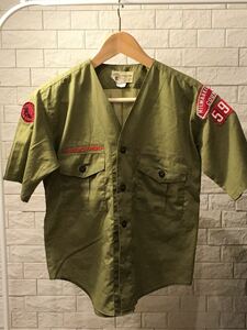 BOY SCOUTS of AMERICA 半袖 サファリシャツ ノーカラー カラーレス ワッペン MADE IN USA 12サイズ カーキ ヴィンテージ