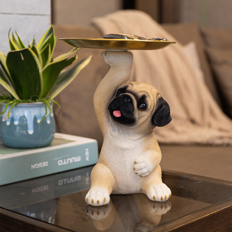 Bandeja de mesa de Pug, soporte para accesorios para entrada o sala de estar, bonito adorno para objetos de perro, varios accesorios para perros y animales, soporte para llaves, reloj, trabajos hechos a mano, interior, bienes varios, ornamento, objeto