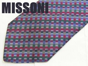 AA 174 ミッソーニ MISSONI ネクタイ 紫系 光沢 チェック格子柄 ジャガード