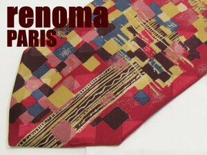 AA 169 レノマ renoma PARIS ネクタイ日本製 赤系 微光沢 アート柄 ジオメトリック 幾何学模様 菱形ジャガード