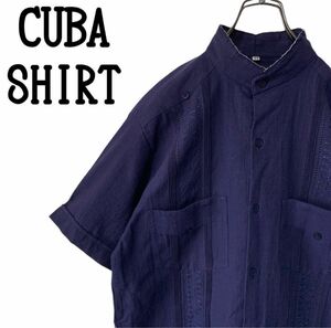 【キューバシャツ】メキシコ製 マンダリン バンドカラー ネイビー 36