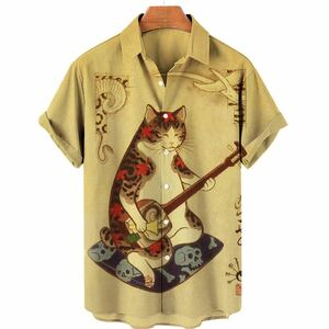 【新品未使用】【柄シャツ】猫　トレンド　紅葉　モデル　和風　妄想　三味線　ストリート　優しそう　お茶の間　和柄　墨入れ　S~5XL