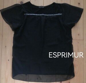 ESPRIMUR シフォン ブラウス カットソー フレンチ袖 トップス ブラック フレア ビーズ エスプリミュール