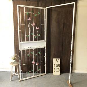 V158=W80×H197 old iron made. one-side . door fittings fence antique door gate gate Vintage divider partition lattice ftg