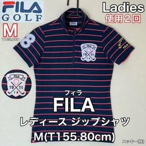 超美品 FILA(フィラ)レディース ジップ シャツ M(T155.80cm)使用2回 ネイビー ピンク 半袖 ドライ ゴルフ スポーツ アウトドア