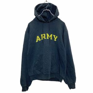 Champion プリント スウェット パーカー S ブラック イエロー ARMY チャンピオン フーディー ポケット 古着卸 アメリカ仕入 a507-5449