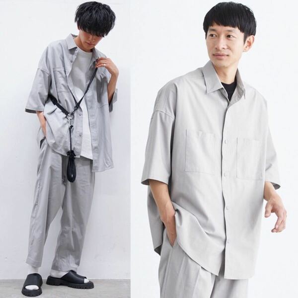 新品 Loungewear tokyo 麻レーヨン オーバーサイズ 半袖シャツ&テーパードパンツ セットアップ L ライトグレー 送料無料