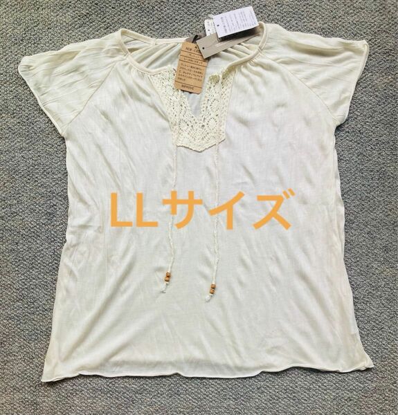 スモック　LLサイズ 半袖Tシャツ　ワッシャー素材　綿レース　ウッドビーズ　ナチュラルライク　デザインスモック