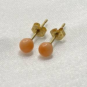 K18 丸玉 ピアス 4mm コーラル 珊瑚 × ゴールド 18金 ポスト キャッチ K18 刻印 スタッドピアス ◎送料無料◎