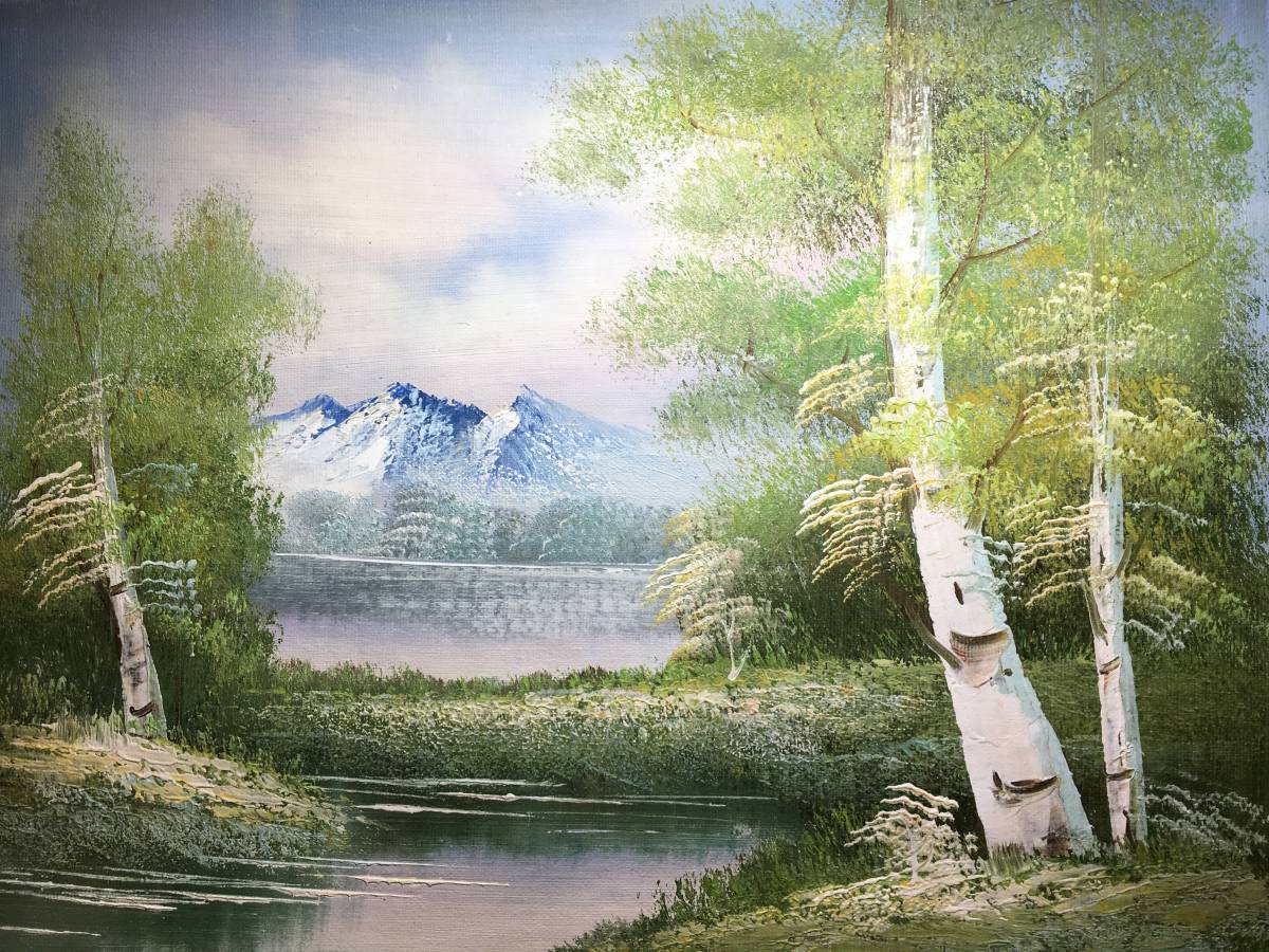 Unsigned oil painting, landscape painting, animal painting, European mountains, lake, pond, birch, landscape, oil painting, original painting, old painting, painting, canvas painting, single item, rare item, requires framing, beautiful item, decoration, Painting, Oil painting, Nature, Landscape painting