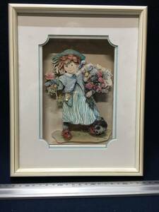 Art hand Auction 額入り中古 希少 人気 可愛い 3Dアート 立体アート サイン Lisi 立体絵画 絵画 花束を抱く少女に子犬が靴を噛む 美女 美人画 現代美術 珍品, 美術品, 絵画, その他