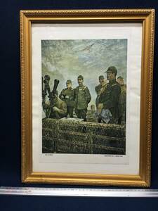 額入り印刷画 戦争画 人物画 軍隊画 ガラスカバー付き額入 軍服 古画 飾り物 オブジェ 絵画 朝井閑右衛門 筆 楊家宅望楼上の松井最高指揮官