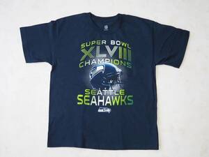 ☆送料無料☆ NFL USA直輸入 古着 半袖 第48回 スーパーボウル SEATTLE SEAHAWKS シアトル・シーホークス Tシャツ キッズ XL ネイビー 中古