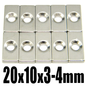 【10個セット】 穴あき ネオジム 磁石 N35 超強力 角形マグネット ★ 20mm×10mm x 厚み3mm 皿穴4mm 