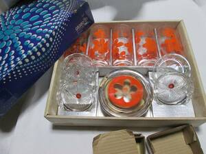 昭和レトロ　タンブラーセット　HOYA　キャニスター・コースター・グラスセット　ガラス　オレンジ花