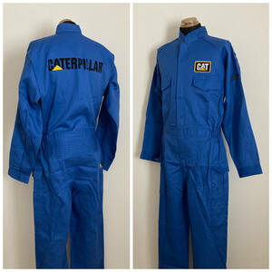 【CATERPILLAR】つなぎ作業服 3L バックロゴ 胸ワッペン 薄青系 良品 重機 建設機械 CAT 80s 旧キャタピラー三菱 