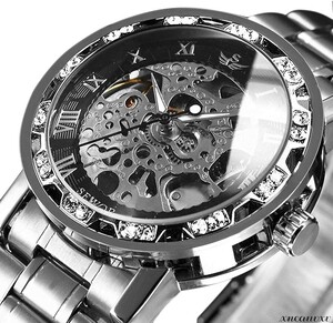  high class design wristwatch machine hand winding silver black men's stylish skeleton business waterproof antique man Classic 