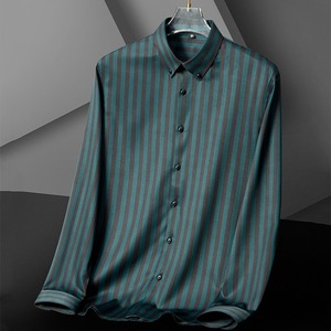 D185-XL新品DCKMANY■ストライプシャツ メンズ 縦縞 長袖シャツノーアイロン 形態安定 ビジネスシャツ シルクのような質感/グリーン
