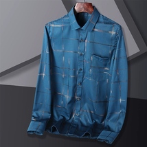 D858-2XL新品DCKMANY■箔押し 長袖シャツ メンズ ストライプ 格子柄シャツ ノーアイロン 夏 薄手シャツ シルクのような質感/ブルー_画像1