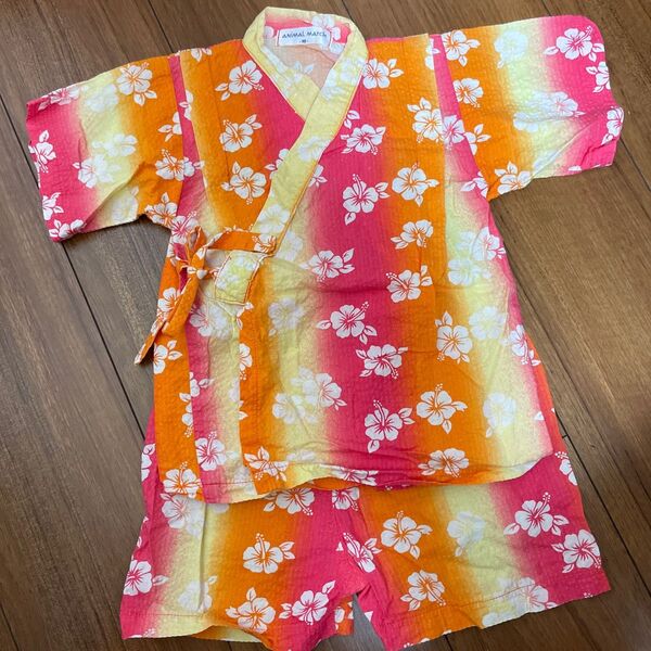 甚平 花柄 浴衣 夏祭り花火 ハイビスカスラメ入り