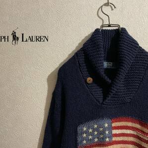 ◯ Polo Ralph Lauren 星条旗 ショールカラー リネン ニット / ラルフローレン セーター コットン ネイビー 紺 S Mens #Sirchive