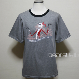 アメリカ購入 新品 The Nightmare Before Christmas ナイトメアービフォアクリスマス プリント リンガーTシャツ 杢グレー 紺 L