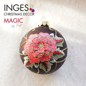 クリスマスツリー 飾り オーナメント ボール 北欧 INGE-GLAS MAGIC バラ 刺繍 レッド 10cm［64701H600］