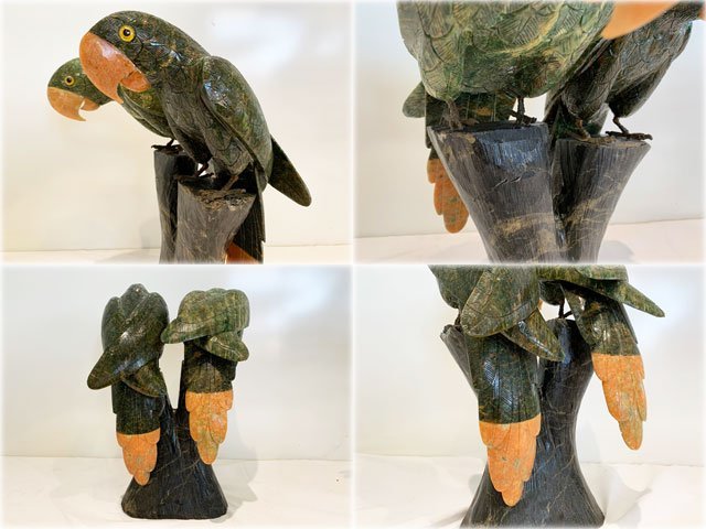 大理石 オウム2羽オブジェ 230x220x350mm 彫刻像 置物 インテリア雑貨