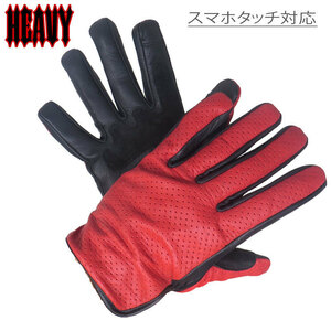 HEAVY HGGP-02P-RED サイズM（レッド）山羊革パンチングメッシュグローブ　穴あき　スマホタッチ対応　サマーグローブ　バイク　夏用