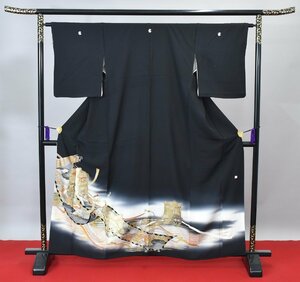 黒留袖 結婚式 御所車 花 霞 五つ紋 家紋 身丈155cm 裄丈63.5cm ★着物 ea-425