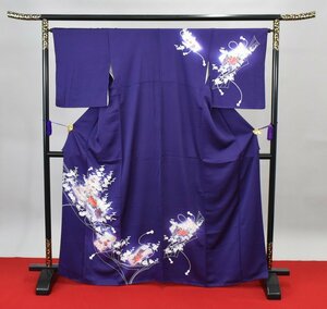 附下訪問着 披露宴 紫色 花 葉 紐文 可愛い 身丈158cm 裄丈66cm ★着物 パーティー t‐1306