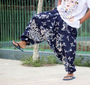  new goods Dragon dragon blue Asian ethnic sarouel pants Aladdin pants Dance yoga waist rubber men's lady's 