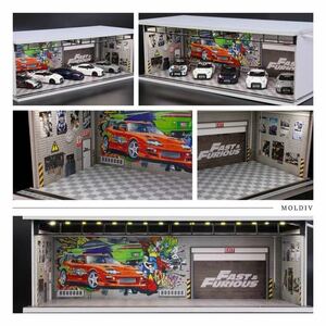 ①ガレージ　駐車場　6台収納　ジオラマ　1/64 トミカサイズ　レア　JDM イニシャルD Hot Wheels ワイルドスピード　90 80スープラ R34GTR 