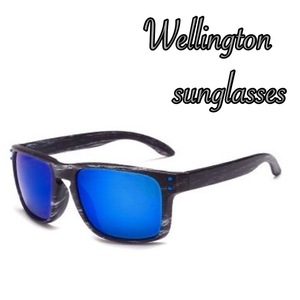 サングラス ウェリントン メガネ グラサン　木目調　伊達メガネ UV400 UVカット 紫外線カット 日焼け対策 男女兼用 目の保護 ブルー