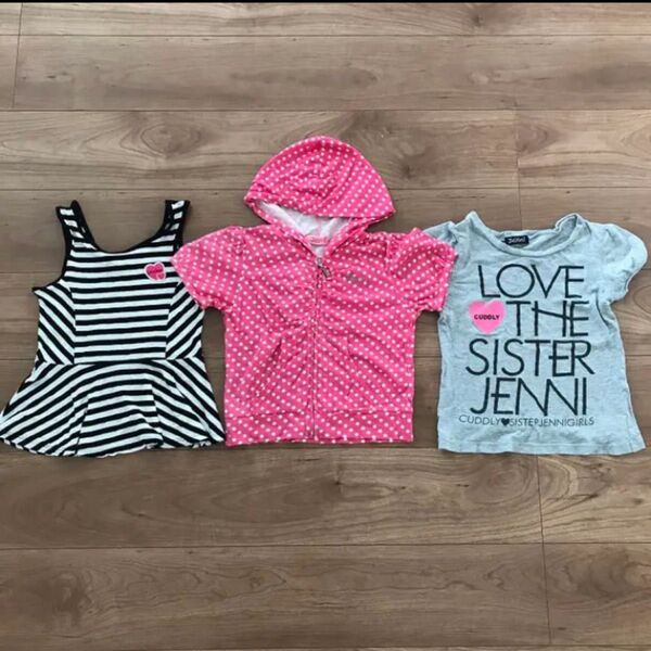 JENNIジェニィ★ボーダー柄ノースリーブカットソー/ピンク水玉柄ジップ半袖パーカー/ライトグレー半袖Tシャツ/3枚セット★120