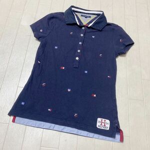 3589☆ TOMMY HILFIGER トミーヒルフィガー トップス ポロシャツ 半袖カットソー レディース M ネイビー 刺繍