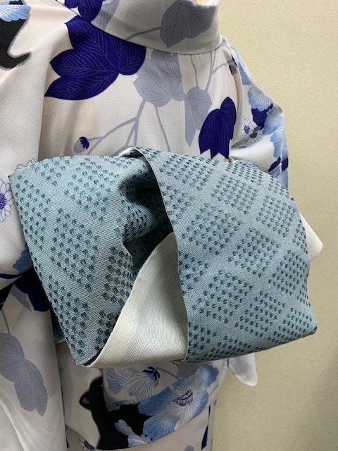 長尺夏の本麻和紙入り半巾帯【白/山吹色横縞】夏の紬・小千谷ちぢみ