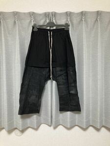 Rick Owens リックオウエンス コットンスカートレイヤード風レザー切り替えクロップドサルエルパンツ BLACK XS