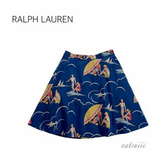 RALPH LAUREN Ralph Lauren. cotton flax cotton linen total pattern Surf print A line adult flair skirt free shipping 