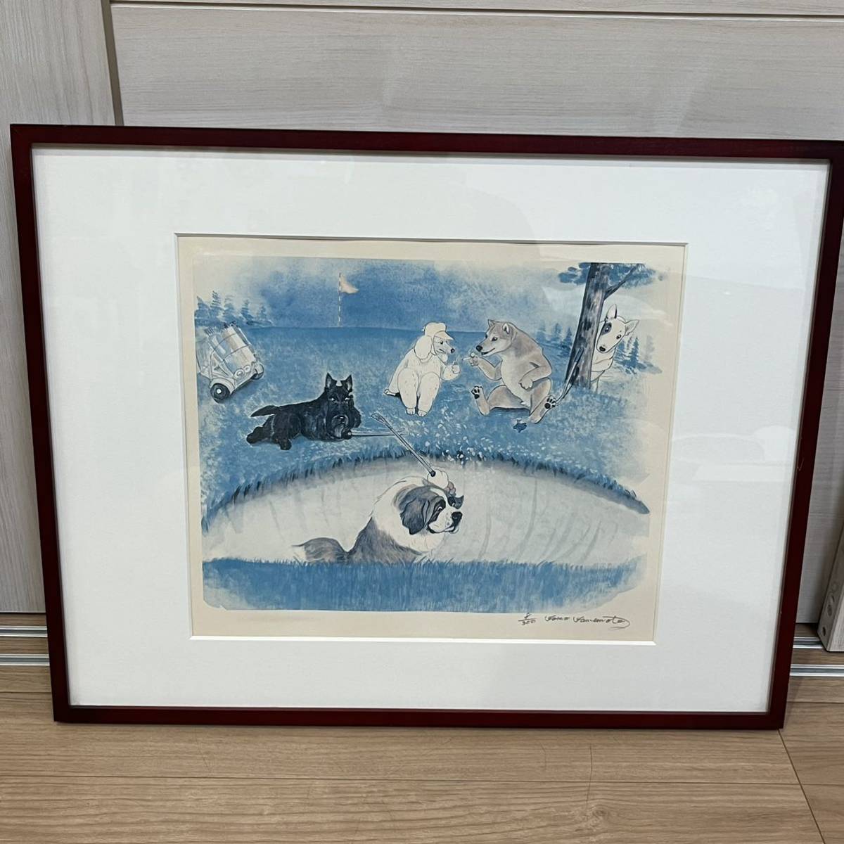 Yoko Yamamoto Gemälde Hund Hund Kunst Original gerahmt 8/300 Authentisch, Kunstwerk, Malerei, Andere