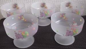 昭和レトロ　ガラス　足つきデザート皿　5個セット　ピエロ　メルヘン　使用感あり　長期自宅保管品