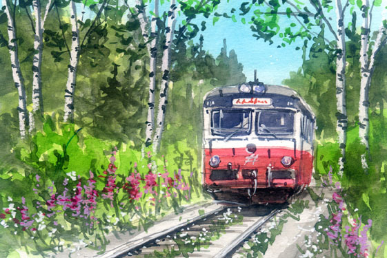 ●第8422号｢思い出の列車｣スウェーデン･インランズバーナン/田中千尋(四季水彩)画 /鉄道の水彩画/鉄道関係のプレゼント付き!, 絵画, 水彩, 自然, 風景画