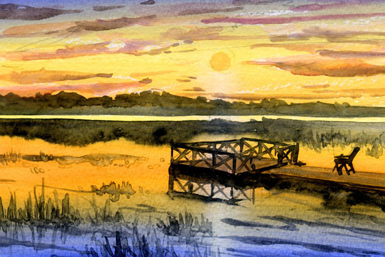 No. 8446 Lac au crépuscule Suède, Stovetresk / Chihiro Tanaka (Aquarelle Quatre Saisons) / Livré avec un cadeau, Peinture, aquarelle, Nature, Peinture de paysage