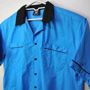 古着●ヒルトン ボウリングシャツ ブルー&ブラック シンプル L xwp