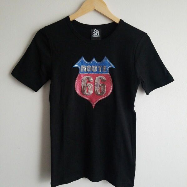 新品　エルエーゲート　スパンコールTシャツ　ルート66　キラキラ　M　ブラック 半袖Tシャツ