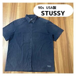 90s USA製 STUSSY ステューシー シャツ 半袖 ワンポイント ヴィンテージ ネイビー ビッグシルエット サイズXL 玉mc1734
