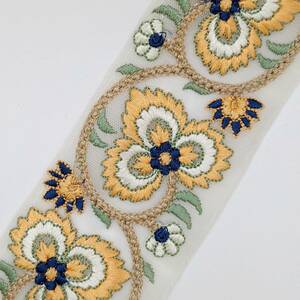 インド刺繍リボン 約60mm 花模様 黄色