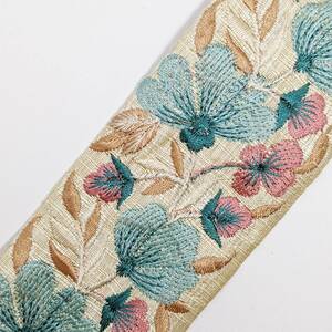 インド刺繍リボン 約52mm 花模様 水色
